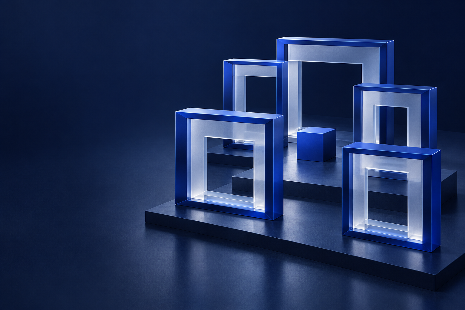 Abstract brand artwork: an open frame and an offset square coming into focus.